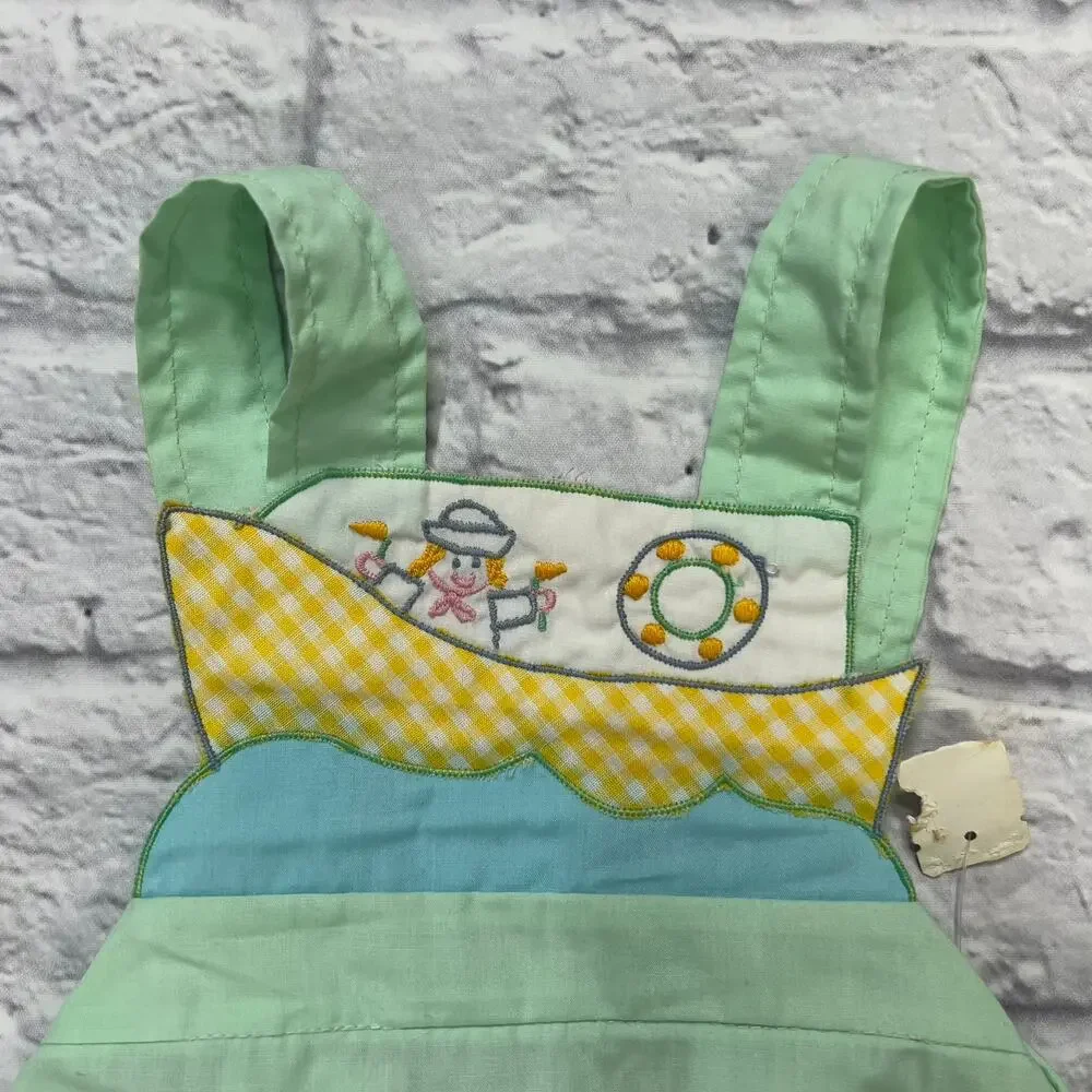 Vintage New Mayfair Baby Romper Overall Green Boat Gingham Newborn Neutral